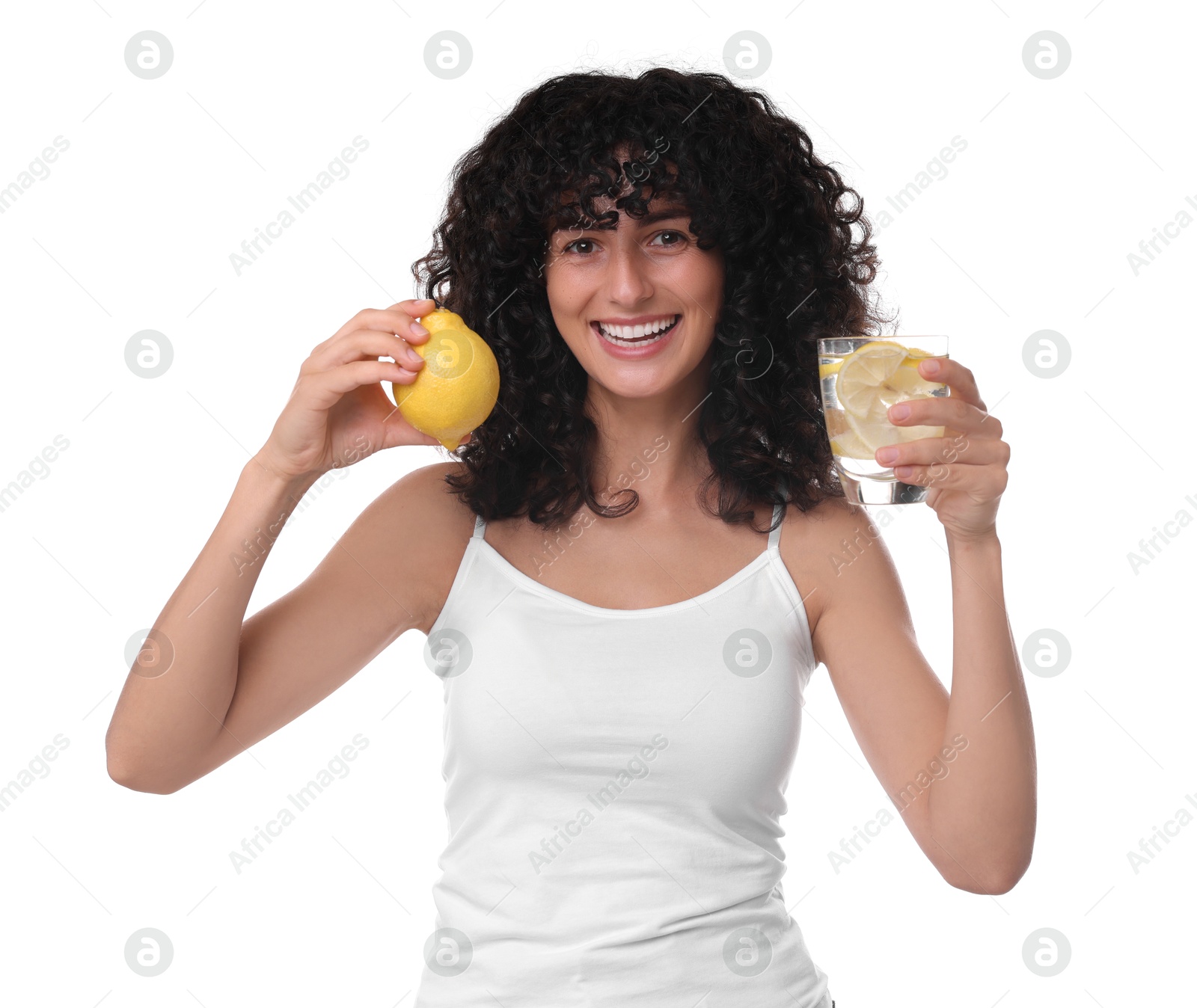 Photo of Woman with glass of lemon water and fruit on white background