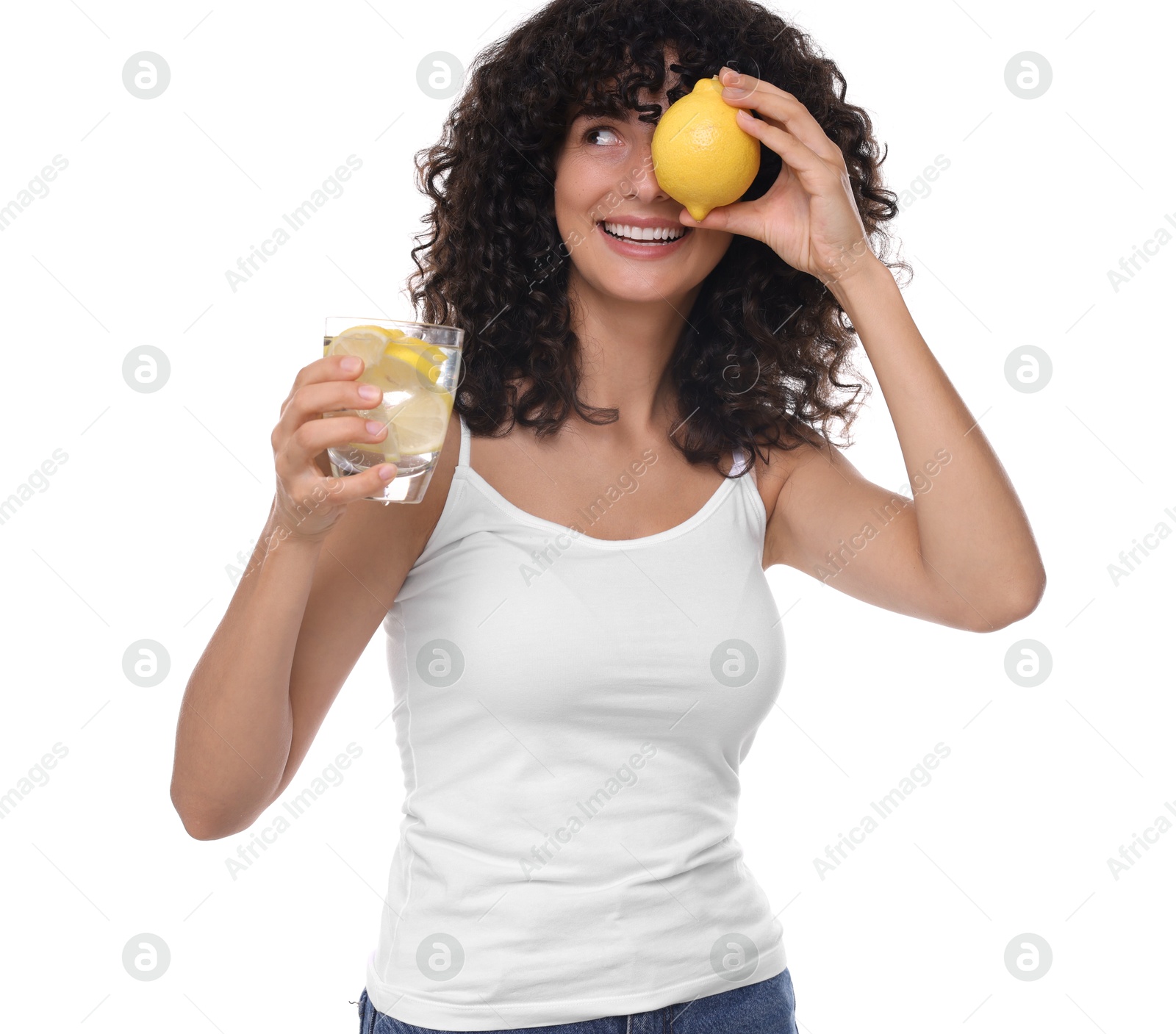 Photo of Woman with glass of lemon water and fruit on white background