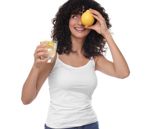 Woman with glass of lemon water and fruit on white background