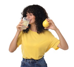 Woman drinking water with lemon on white background