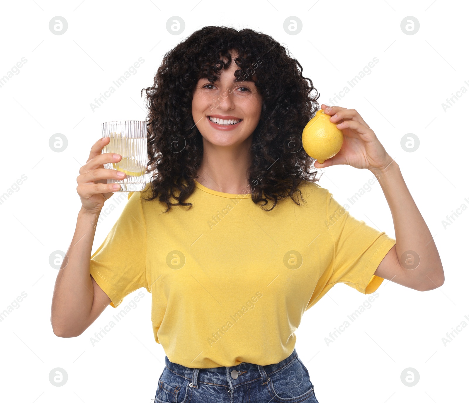 Photo of Woman with glass of lemon water and fruit on white background