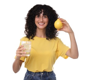 Photo of Woman with glass of lemon water and fruit on white background