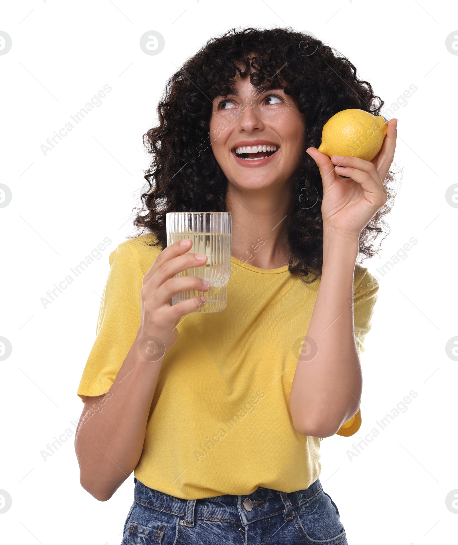 Photo of Woman with glass of lemon water and fruit on white background