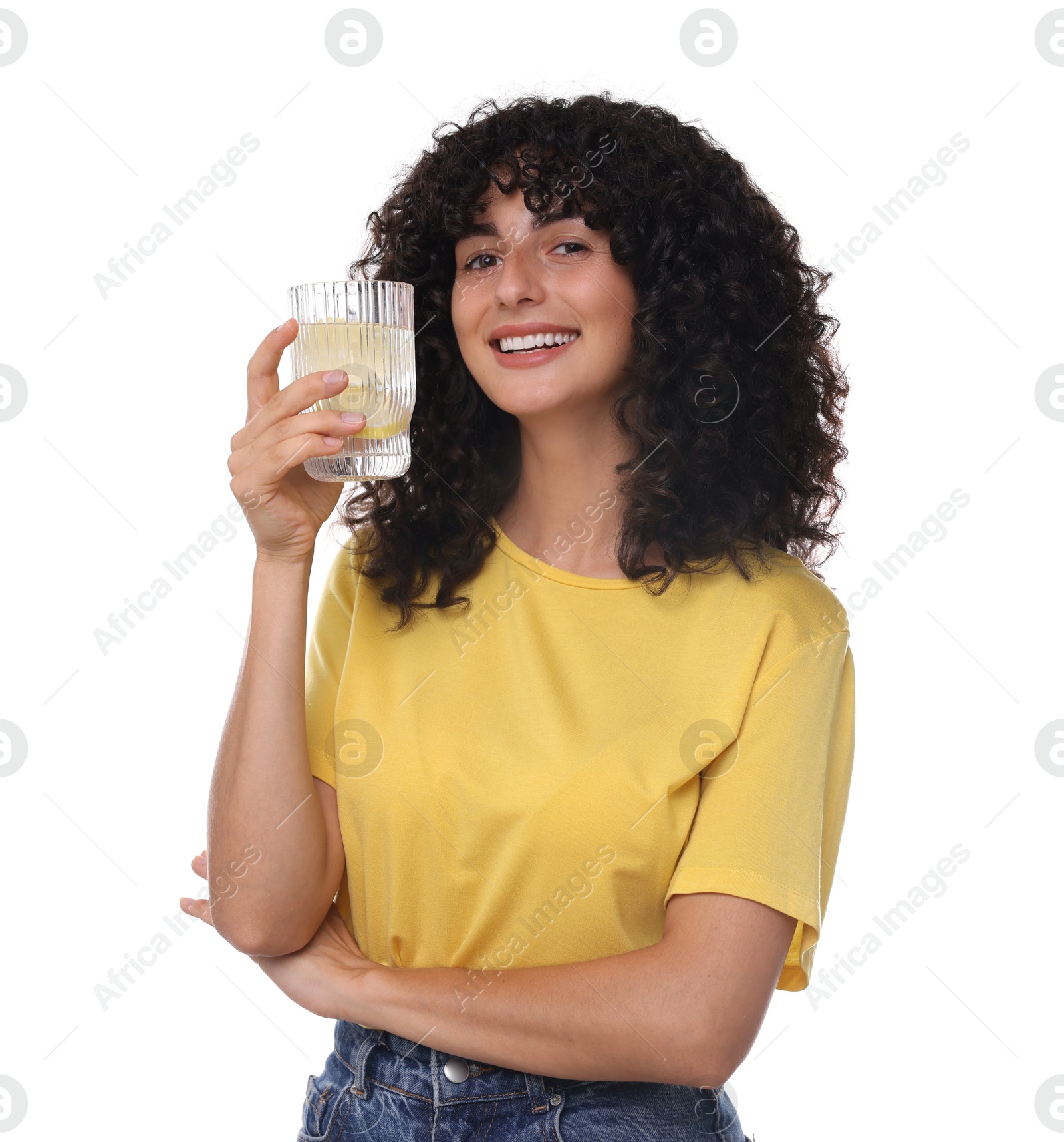 Photo of Woman with glass of lemon water on white background