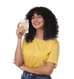 Woman with glass of lemon water on white background