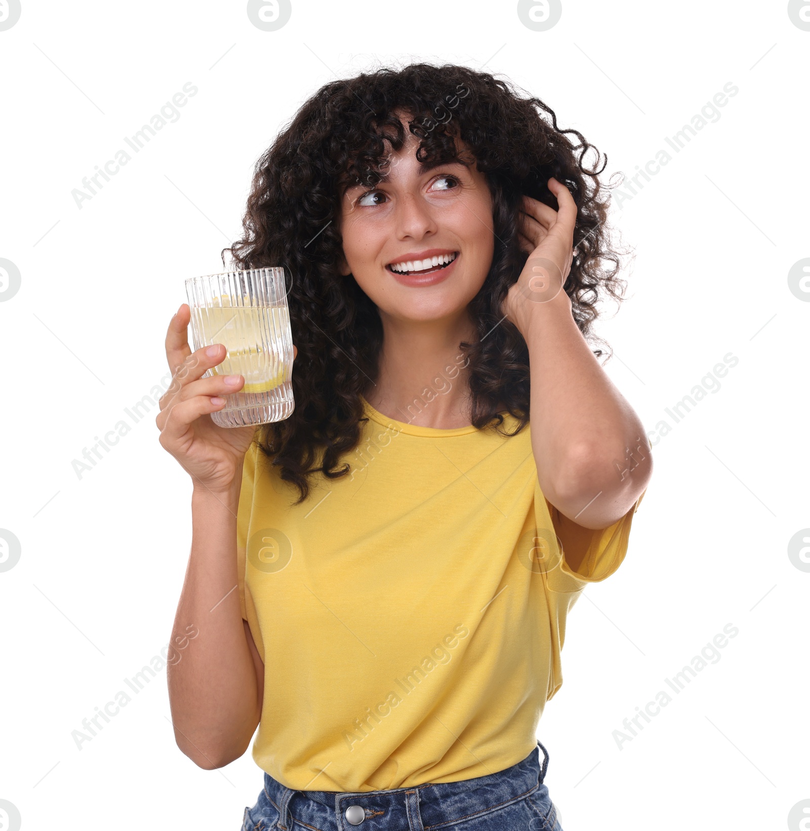 Photo of Woman with glass of lemon water on white background