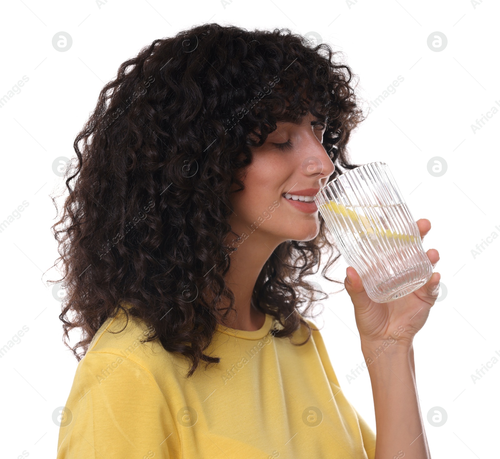 Photo of Woman drinking water with lemon on white background