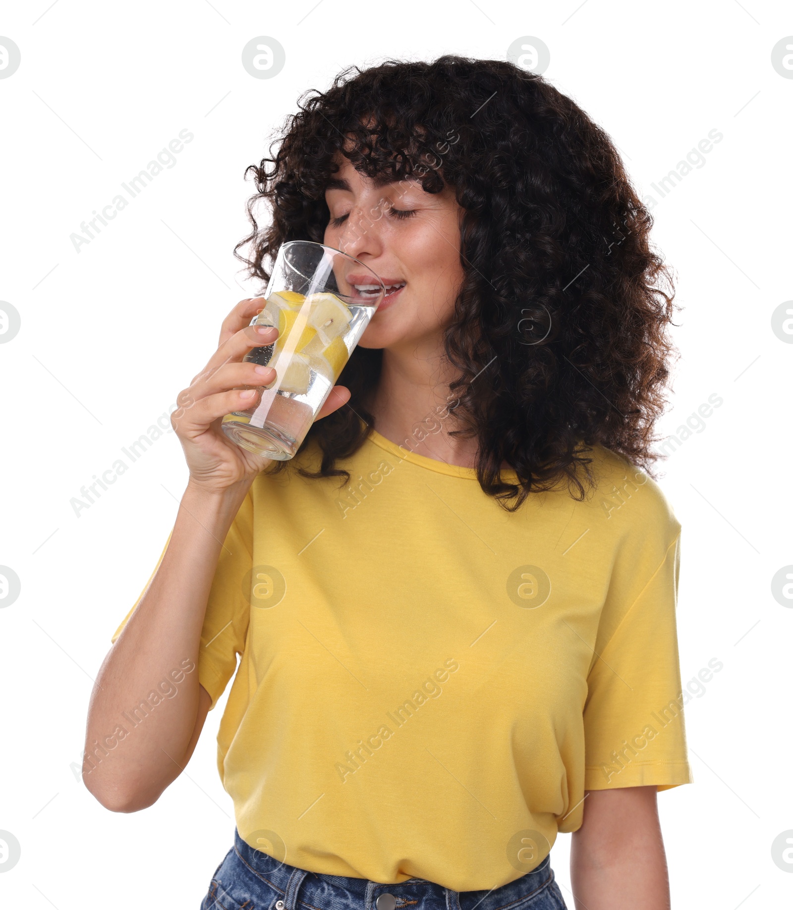 Photo of Woman drinking water with lemon on white background