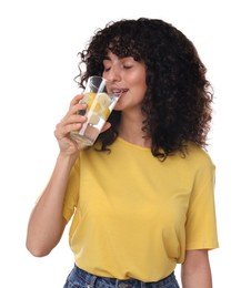 Photo of Woman drinking water with lemon on white background