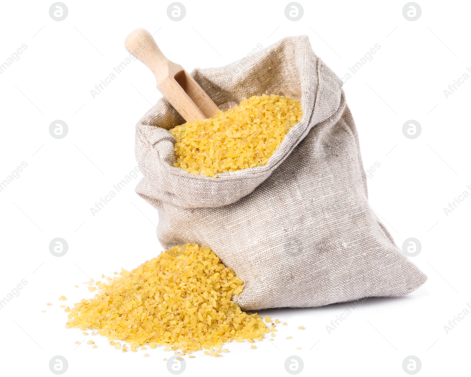 Photo of Raw bulgur in burlap sack and wooden scoop isolated on white