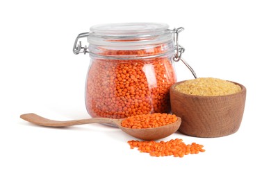 Photo of Raw lentils and bulgur isolated on white