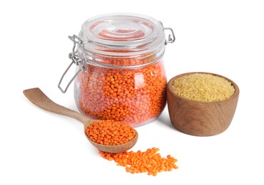 Raw lentils and bulgur isolated on white