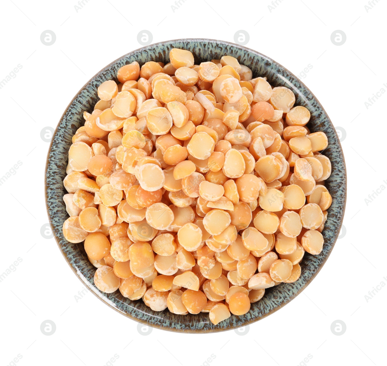 Photo of Dried peas in bowl isolated on white, top view