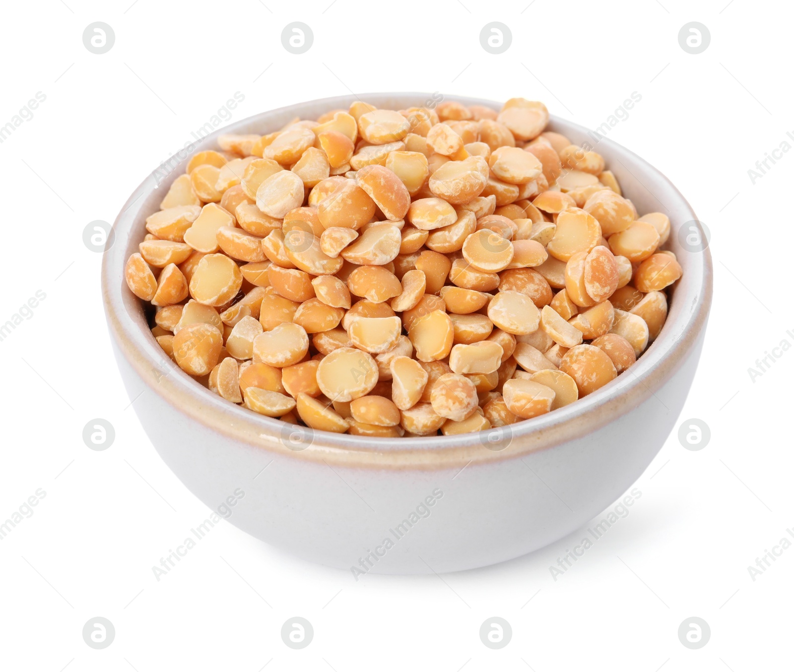 Photo of Dried peas in bowl isolated on white