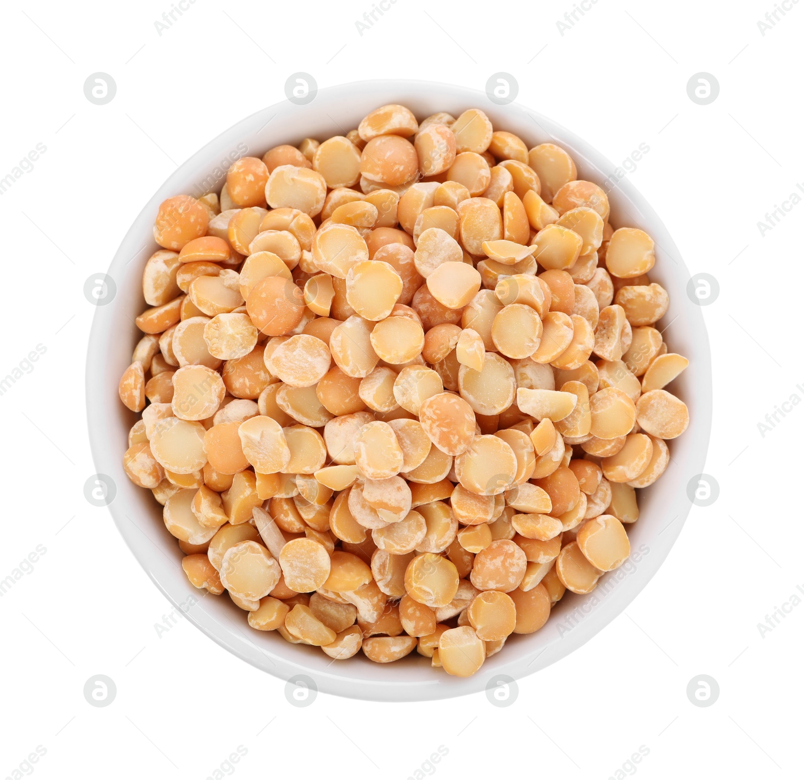 Photo of Dried peas in bowl isolated on white, top view