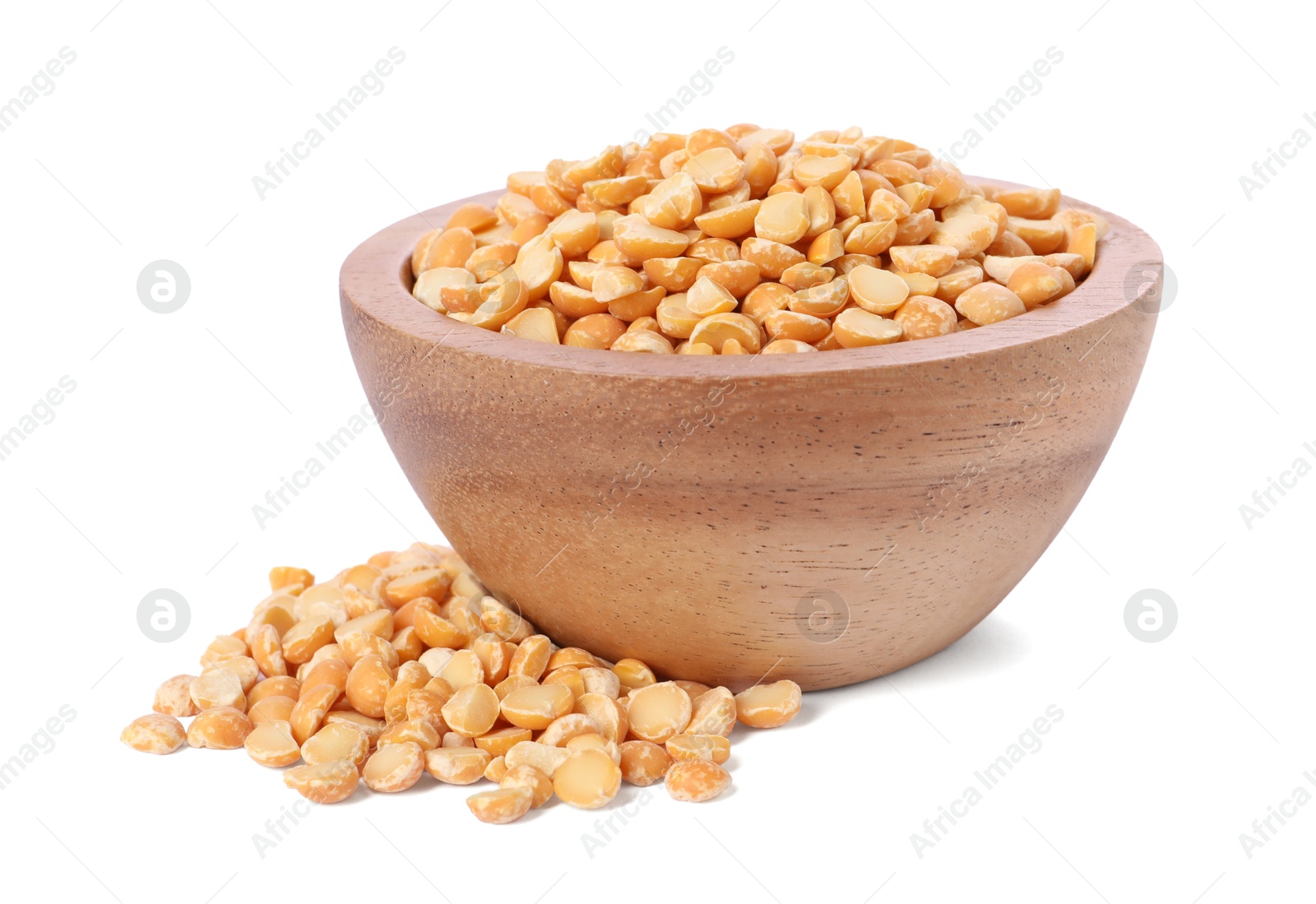 Photo of Dried peas in wooden bowl isolated on white