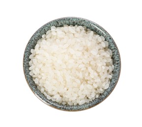 Raw rice in bowl isolated on white, top view