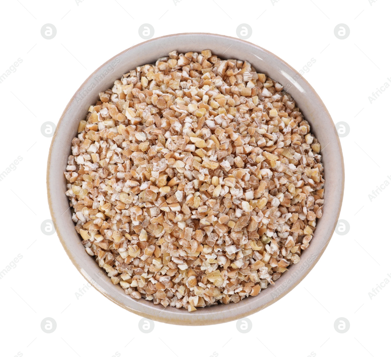 Photo of Dry wheat groats in bowl isolated on white, top view