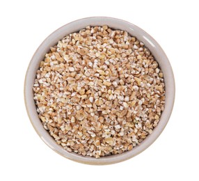 Dry wheat groats in bowl isolated on white, top view