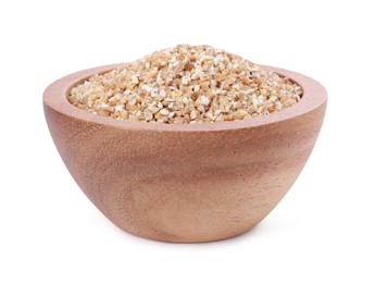 Photo of Dry wheat groats in wooden bowl isolated on white