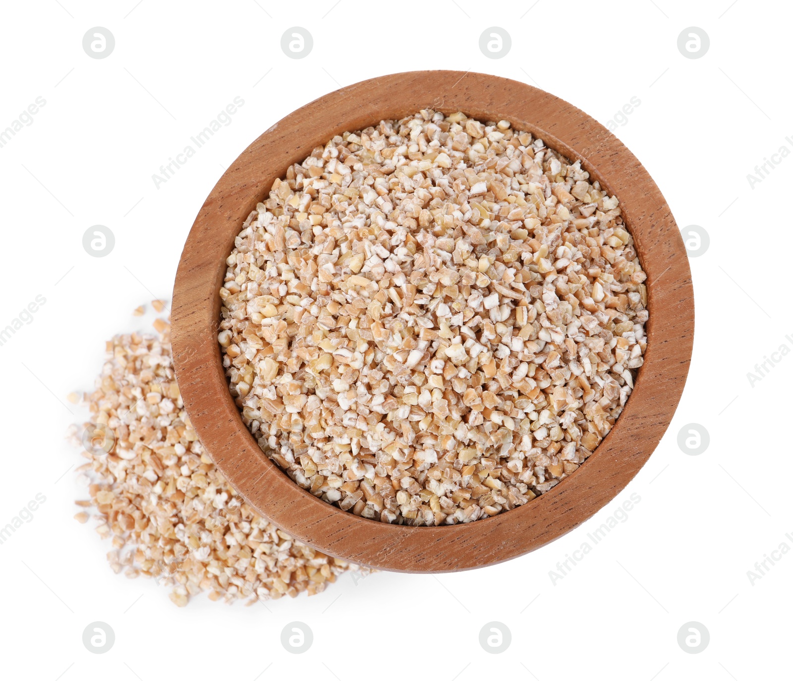 Photo of Dry wheat groats in wooden bowl isolated on white, top view