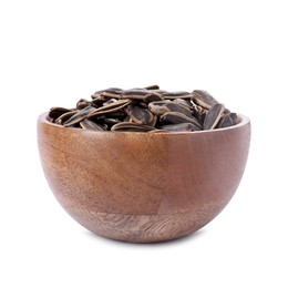 Sunflower seeds in wooden bowl isolated on white