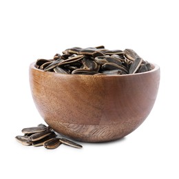 Sunflower seeds in wooden bowl isolated on white