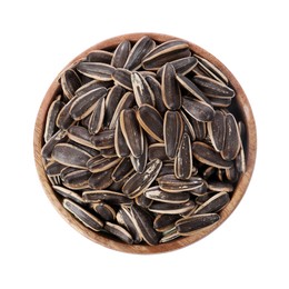 Sunflower seeds in wooden bowl isolated on white, top view