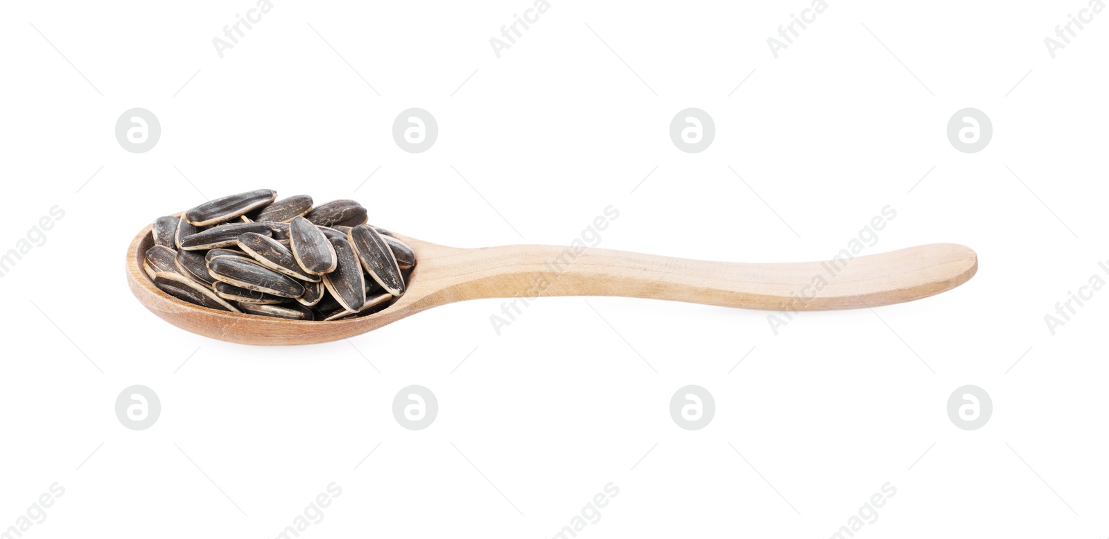 Photo of Sunflower seeds in wooden spoon isolated on white