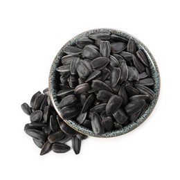 Photo of Sunflower seeds in bowl isolated on white, top view