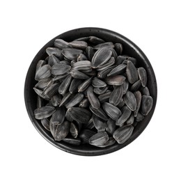 Sunflower seeds in bowl isolated on white, top view