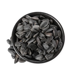 Sunflower seeds in bowl isolated on white, top view