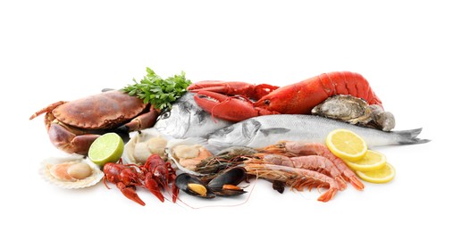 Photo of Many different sea food, parsley, lime and lemon isolated on white