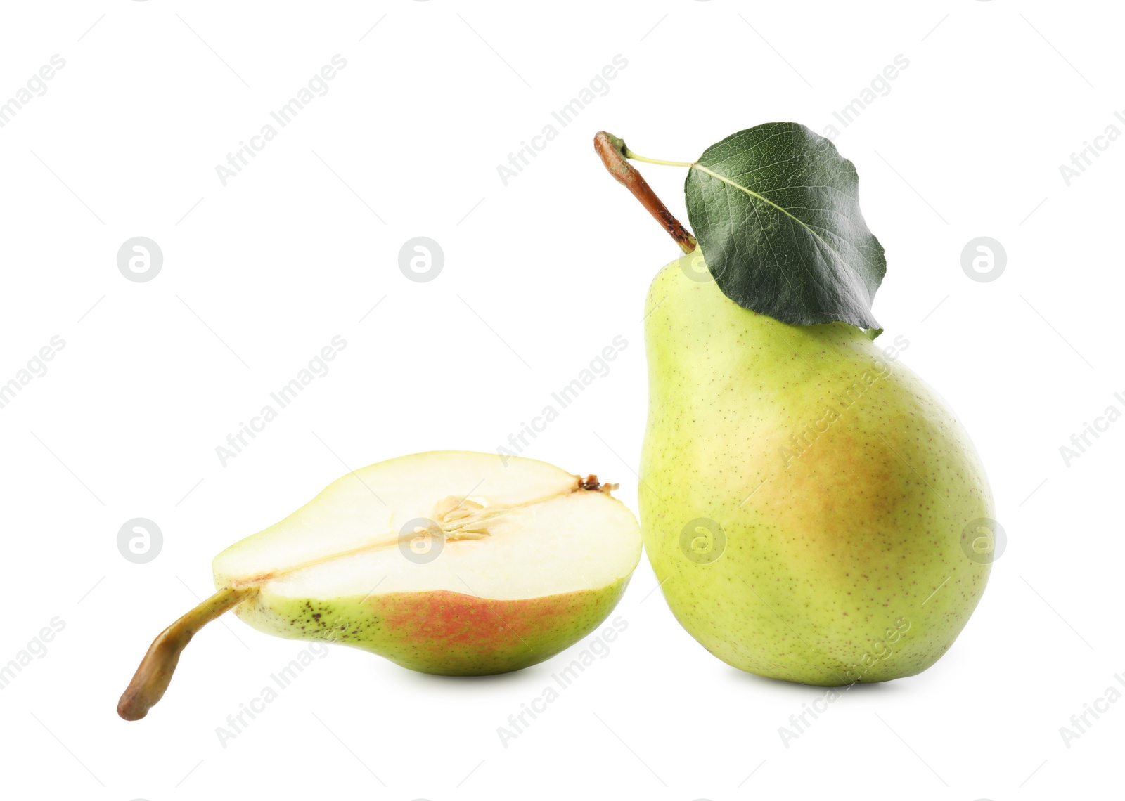 Photo of Fresh ripe pears with green leaf isolated on white