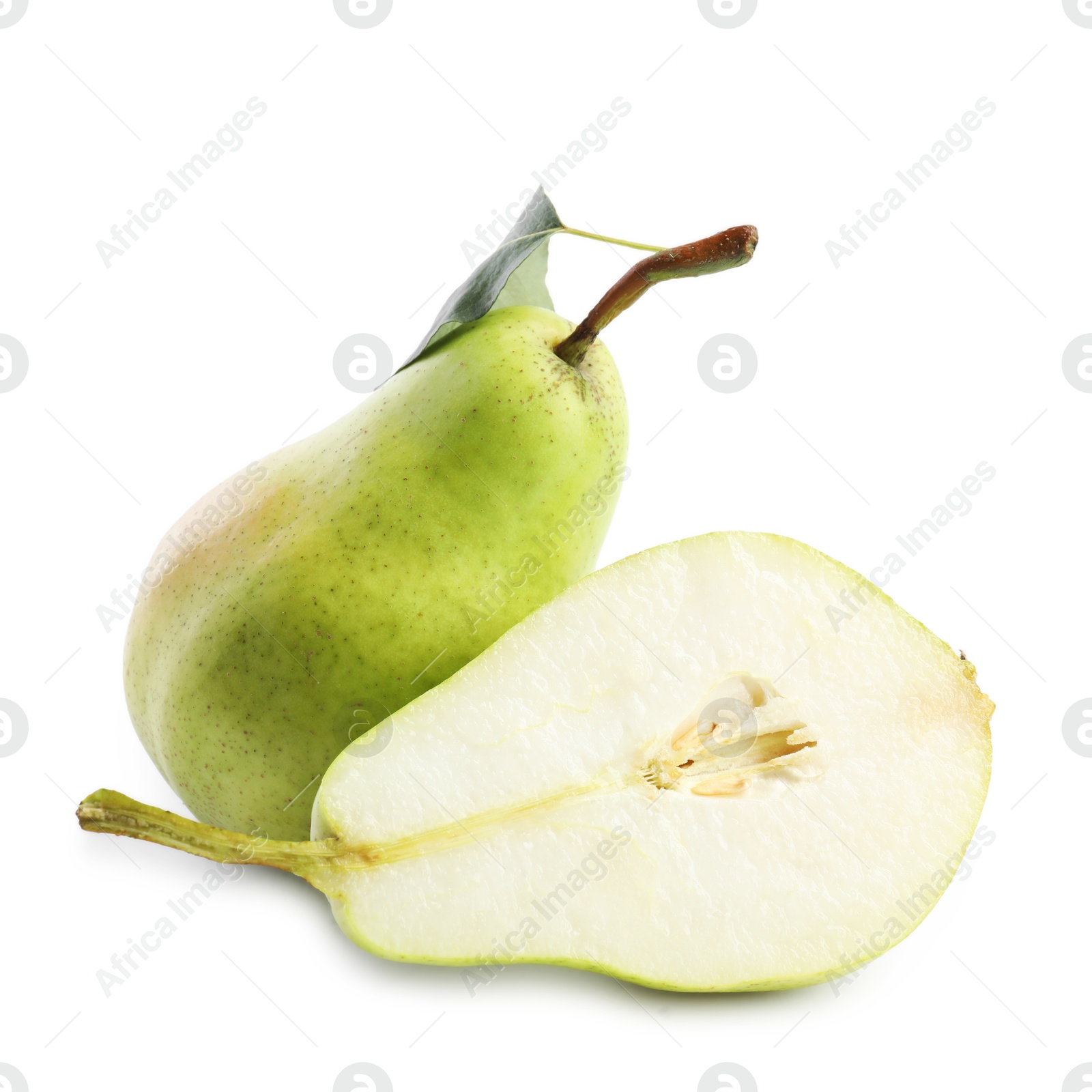 Photo of Fresh ripe pears with green leaf isolated on white