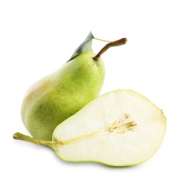 Photo of Fresh ripe pears with green leaf isolated on white