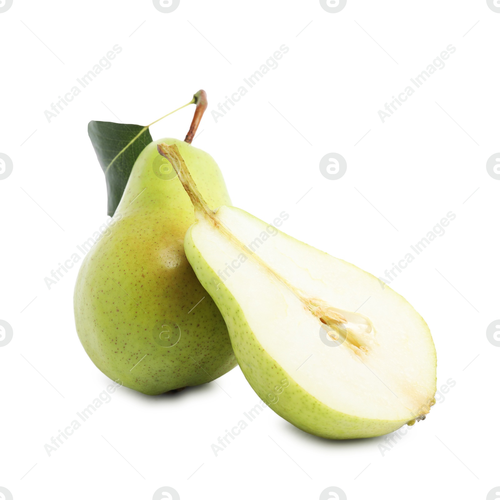 Photo of Fresh ripe pears with green leaf isolated on white