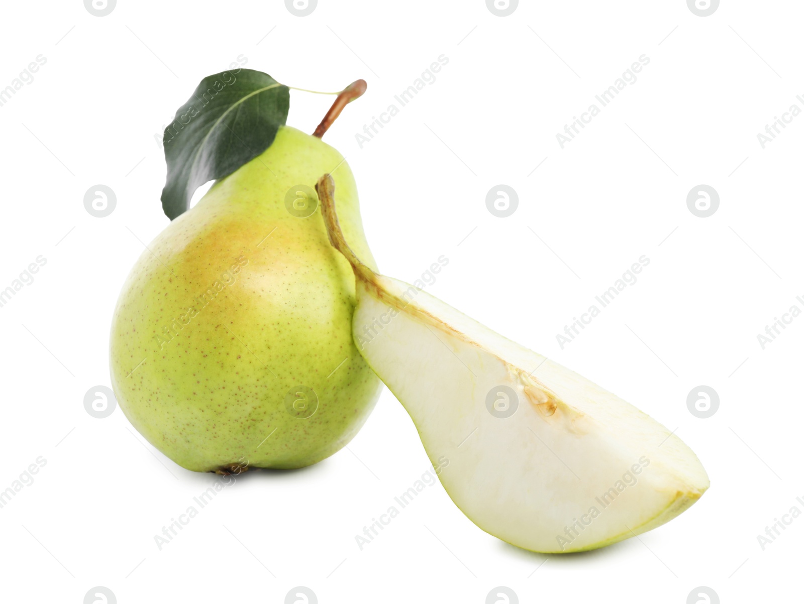 Photo of Fresh ripe pears with green leaf isolated on white