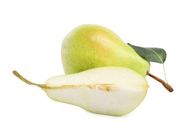 Photo of Fresh ripe pears with green leaf isolated on white