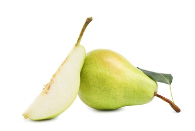 Photo of Fresh ripe pears with green leaf isolated on white