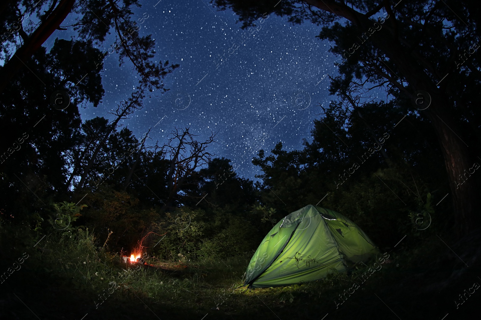 Photo of Modern camping tent and bonfire in forest at night. Fisheye lens effect