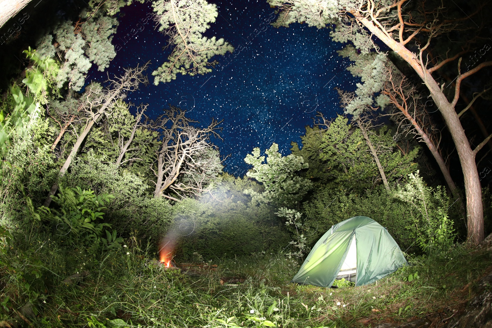 Photo of Modern camping tent and bonfire in forest at night. Fisheye lens effect