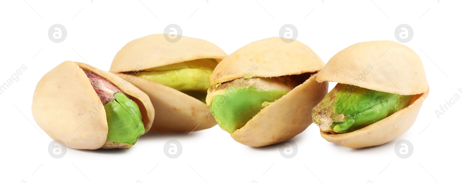 Photo of Many tasty pistachio nuts isolated on white