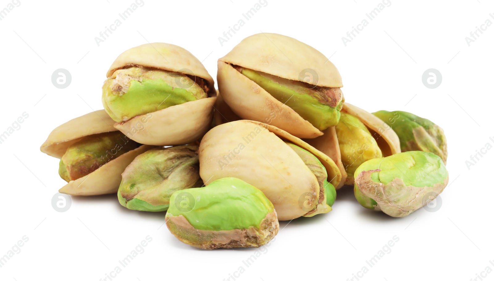 Photo of Heap of tasty pistachio nuts isolated on white