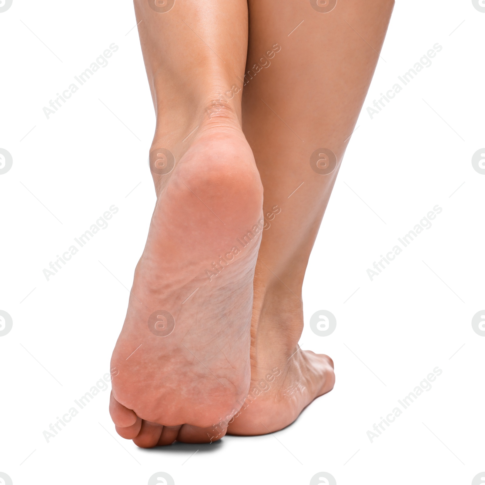 Photo of Woman with smooth feet on white background, closeup