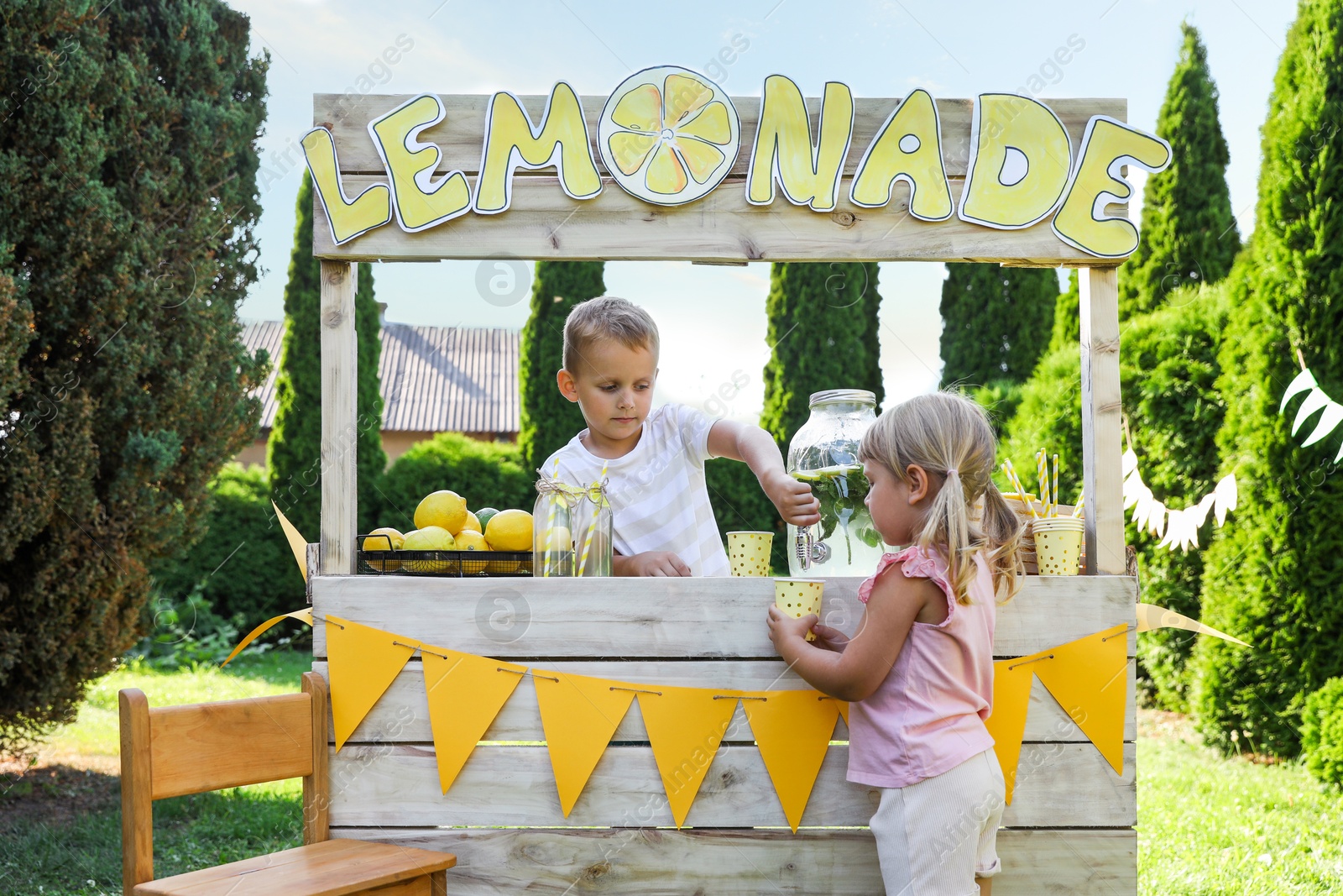 Photo of Cute little boy selling natural lemonade to girl in park