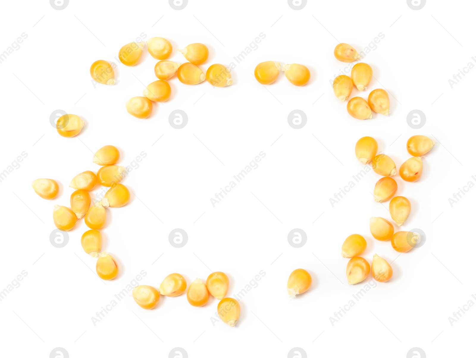 Photo of Frame of fresh corn kernels on white background, flat lay. Space for text