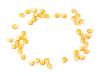 Photo of Frame of fresh corn kernels on white background, flat lay. Space for text