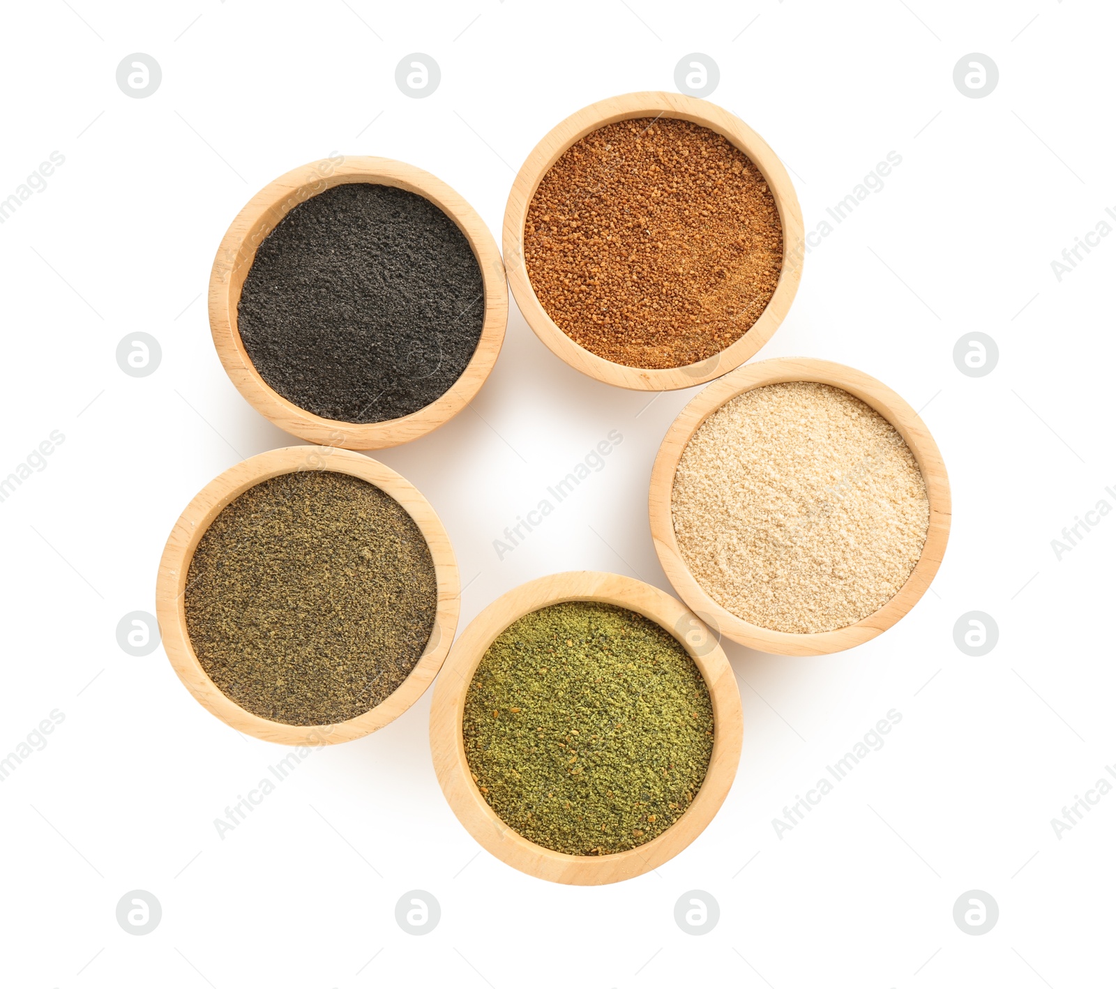 Photo of Different superfood powders in bowls isolated on white, top view