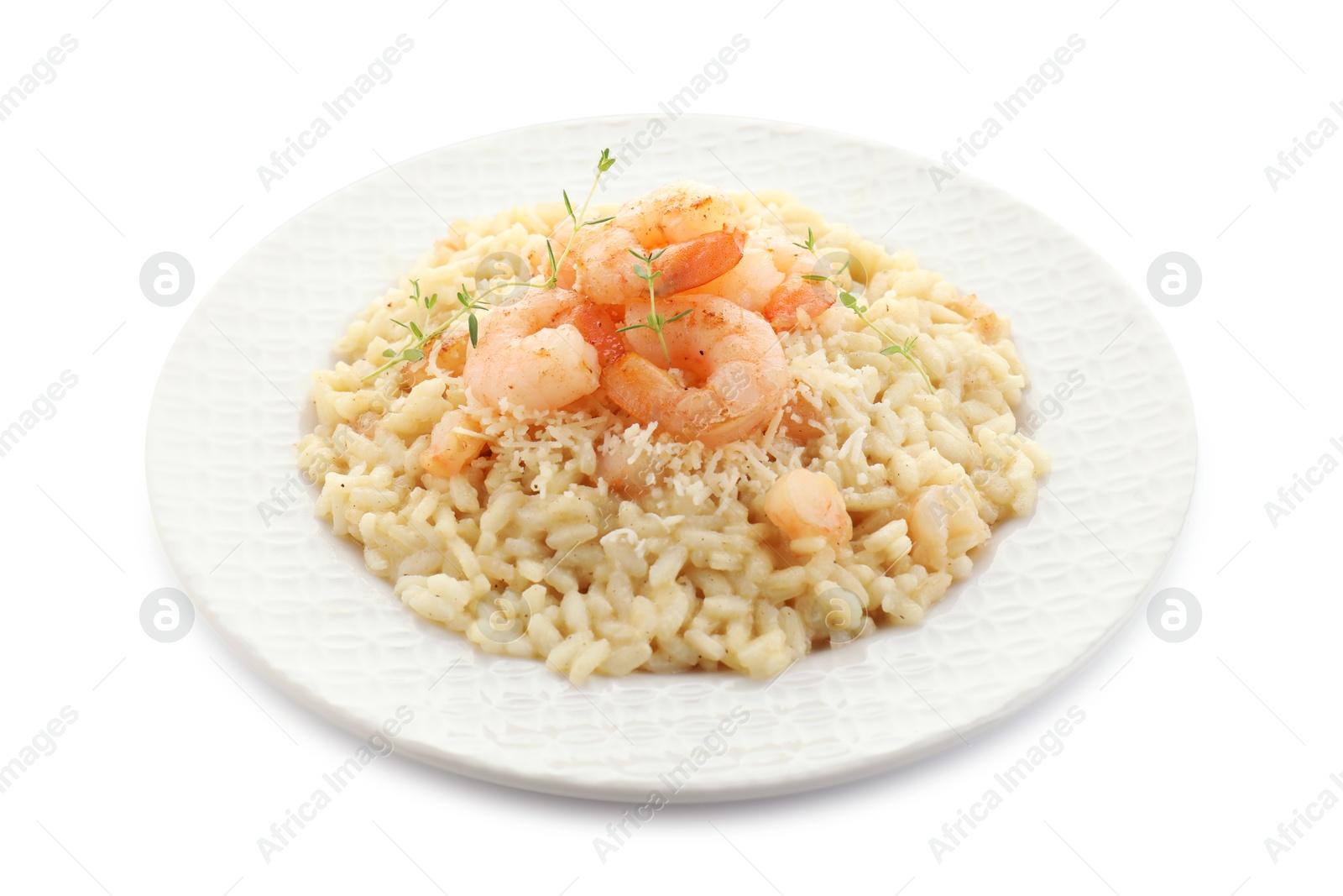 Photo of Delicious risotto with shrimps and cheese isolated on white